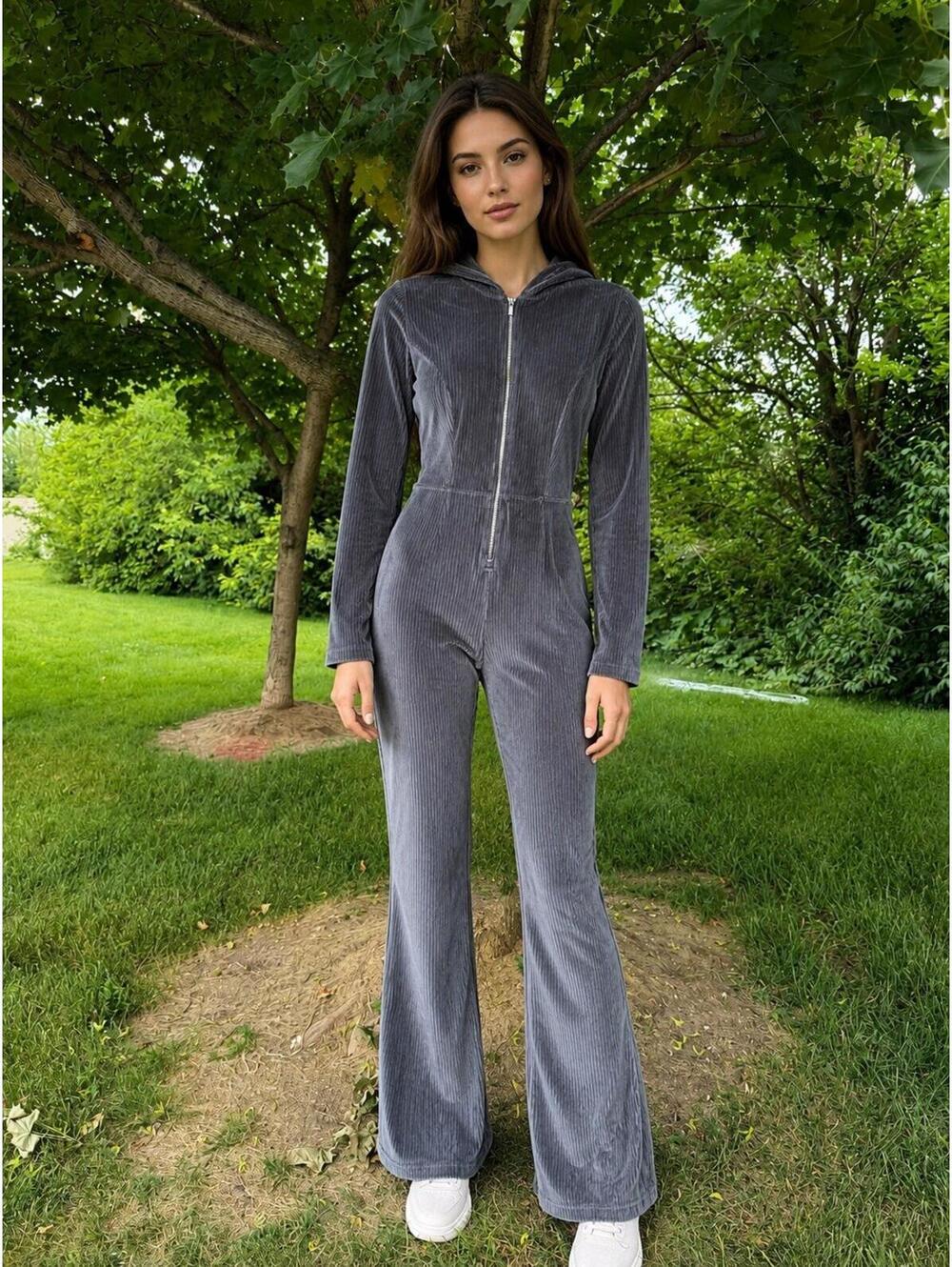 Fabletics Gray Velour Hooded Jumpsuit XS Zip‎ Front Wide Leg Lounge One Piece